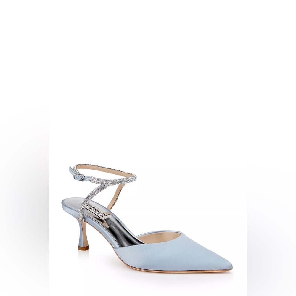BADGLEY MISCHKA AUTUMN Blue Rhinestone Bridal Luxury SATIN KITTEN HEELS